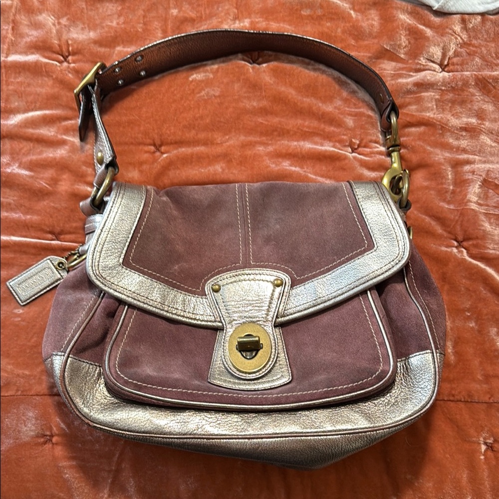 Coach Brownish purple Suede Shoulder Bag with Metallic Silver Trim